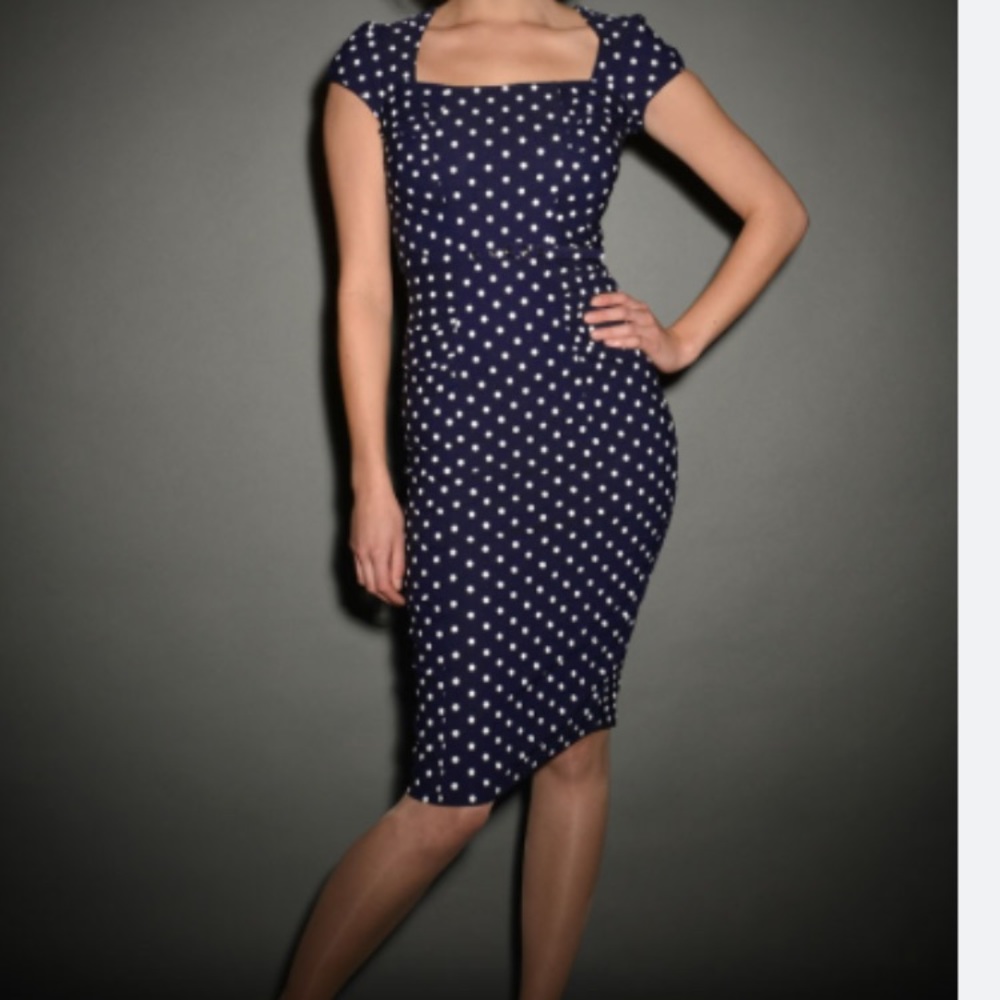 stop staring celebrity dress nwt navy blue polka dots white small